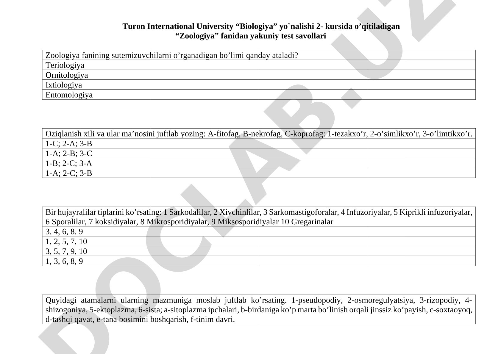 Zoologiya fanidan yakuniy test savollari