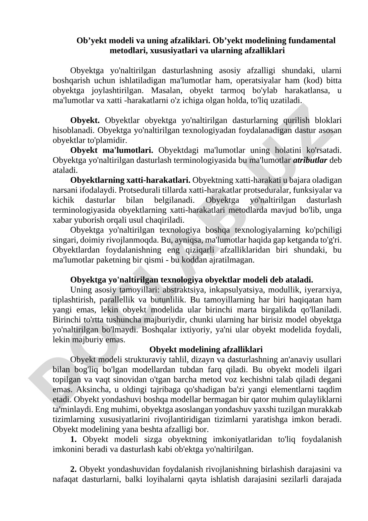 Ob’yekt modeli va uning afzaliklari