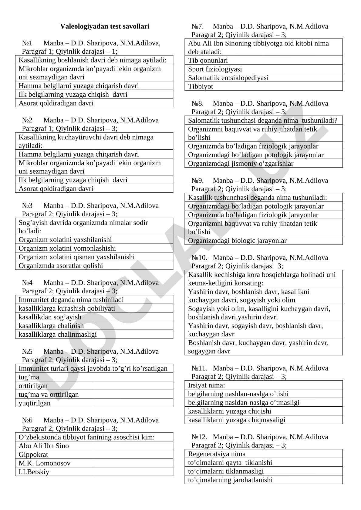 Valeologiyadan test savollari №1