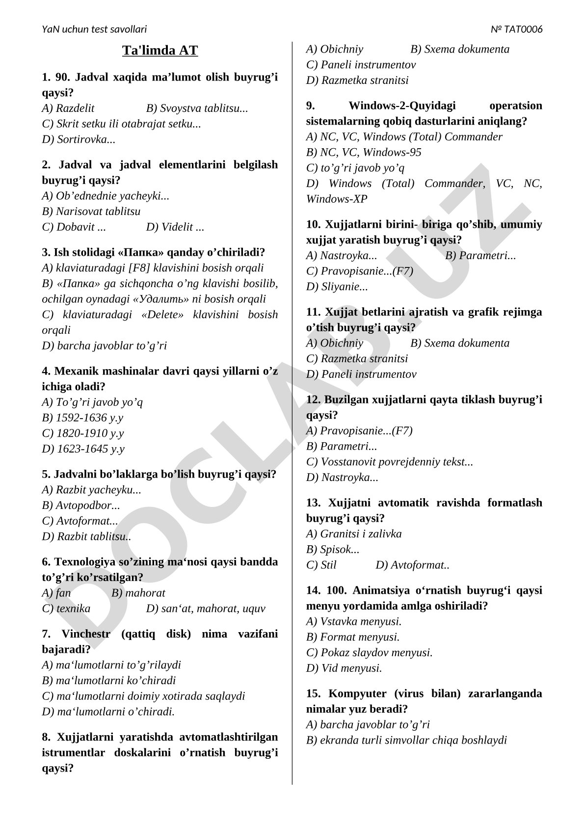 YaN uchun test savollari Ta'limda AT