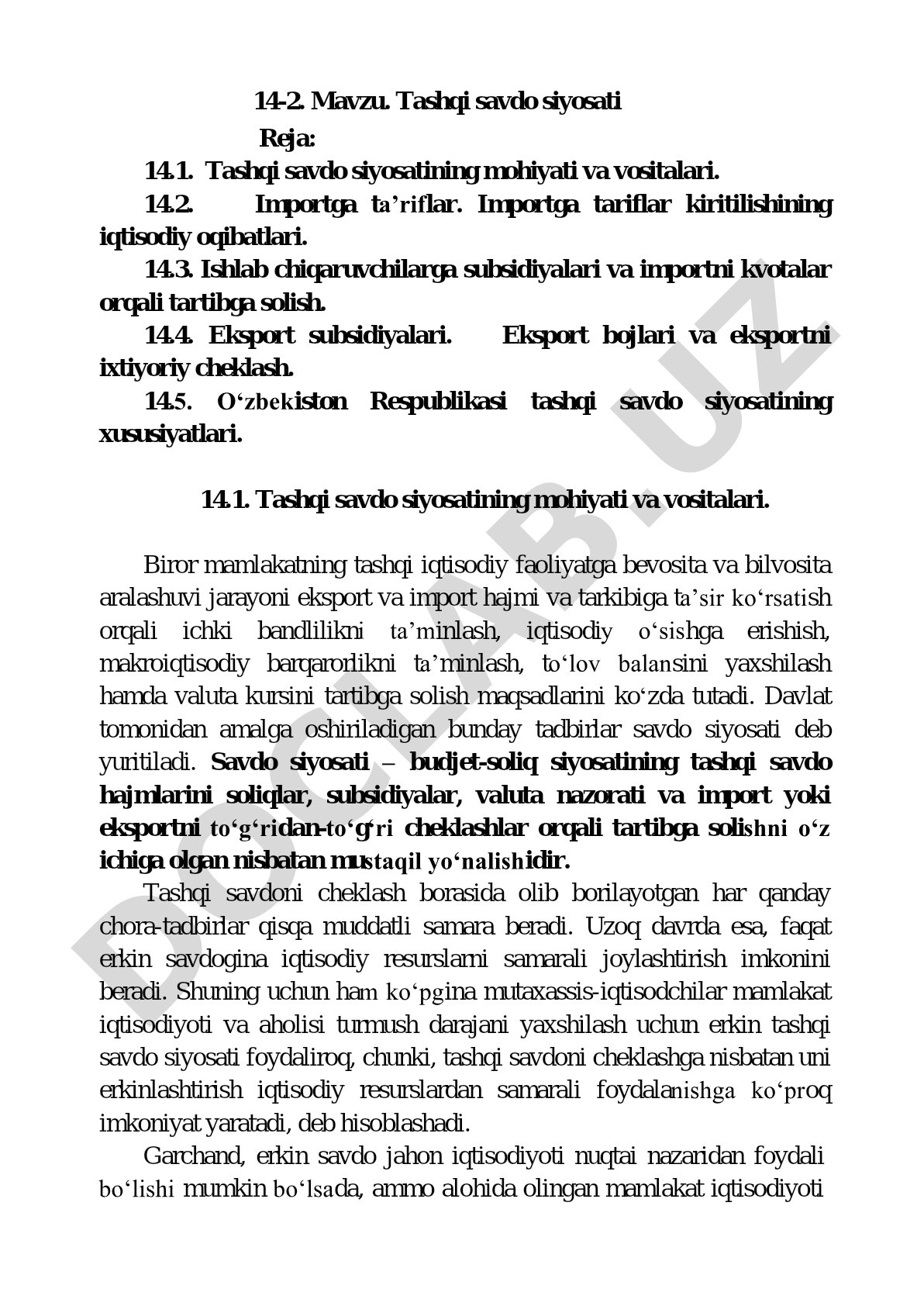Tashqi savdo siyosati: import tariflari, subsidiyalar, kvotalar va O'zbekiston amaliyoti