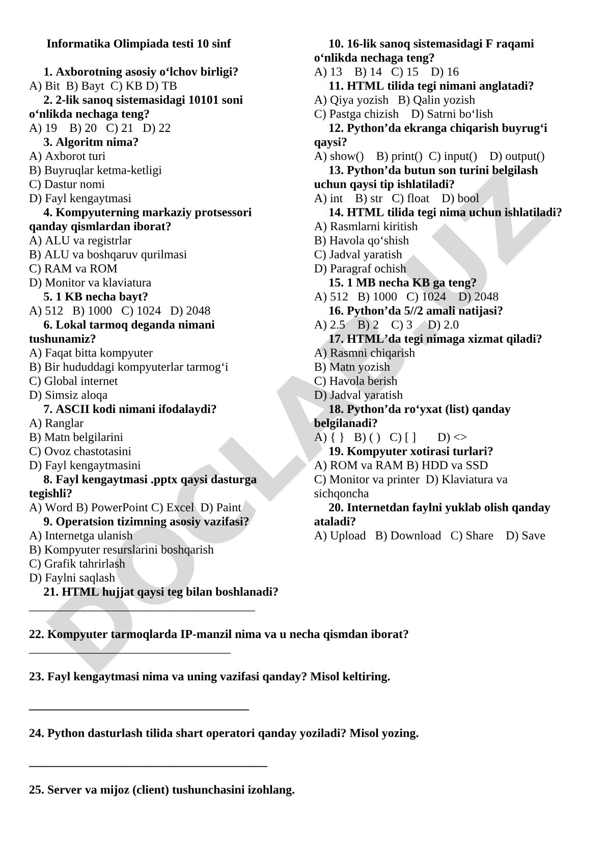 Informatika Olimpiada testi 10 sinf