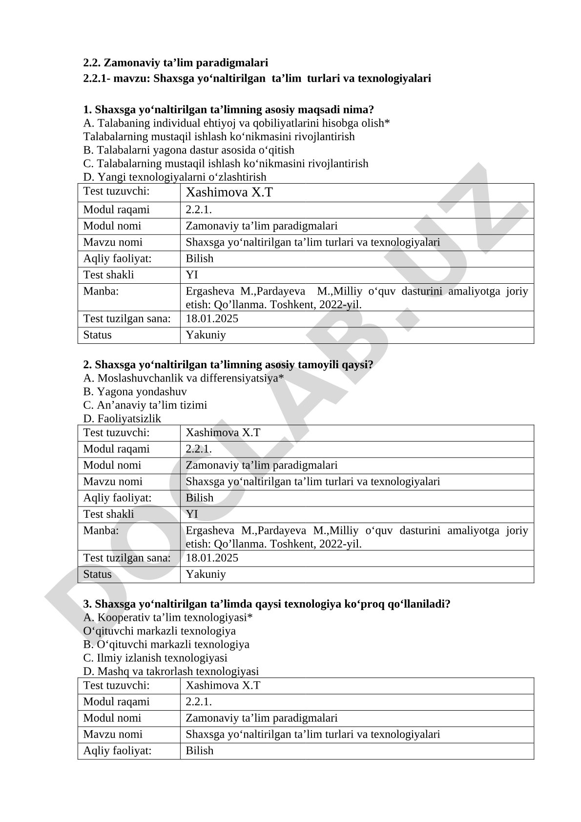 Shaxsga yoʻnaltirilgan ta’lim turlari va texnologiyalari
