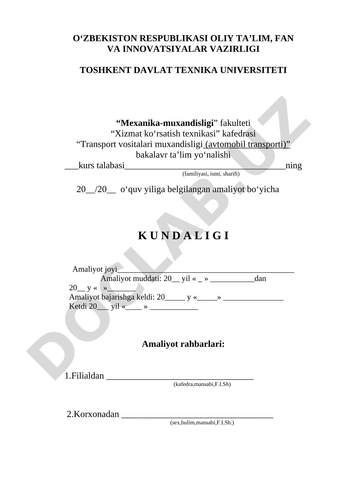 Transport vositalari muhandisligi talabasi amaliyot kundaligi