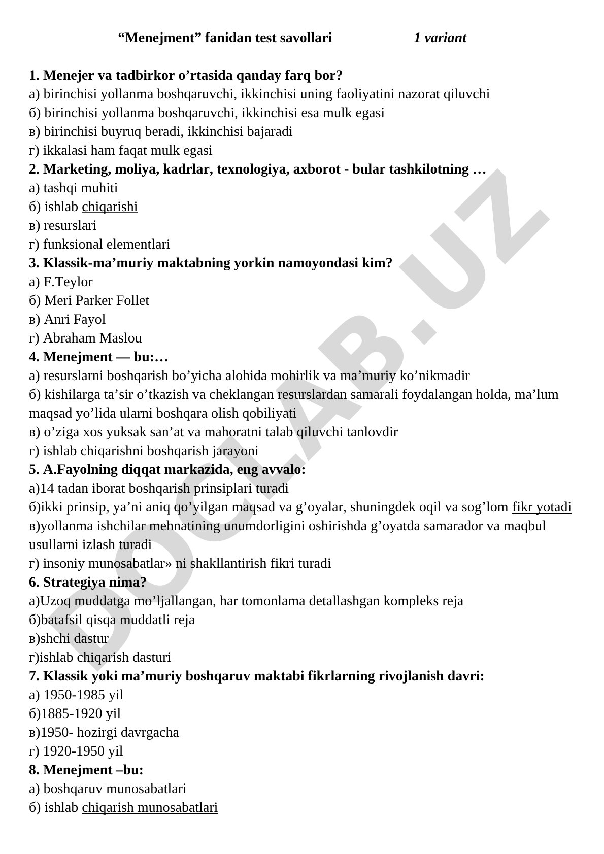 “Menejment” fanidan test savollari 1 variant