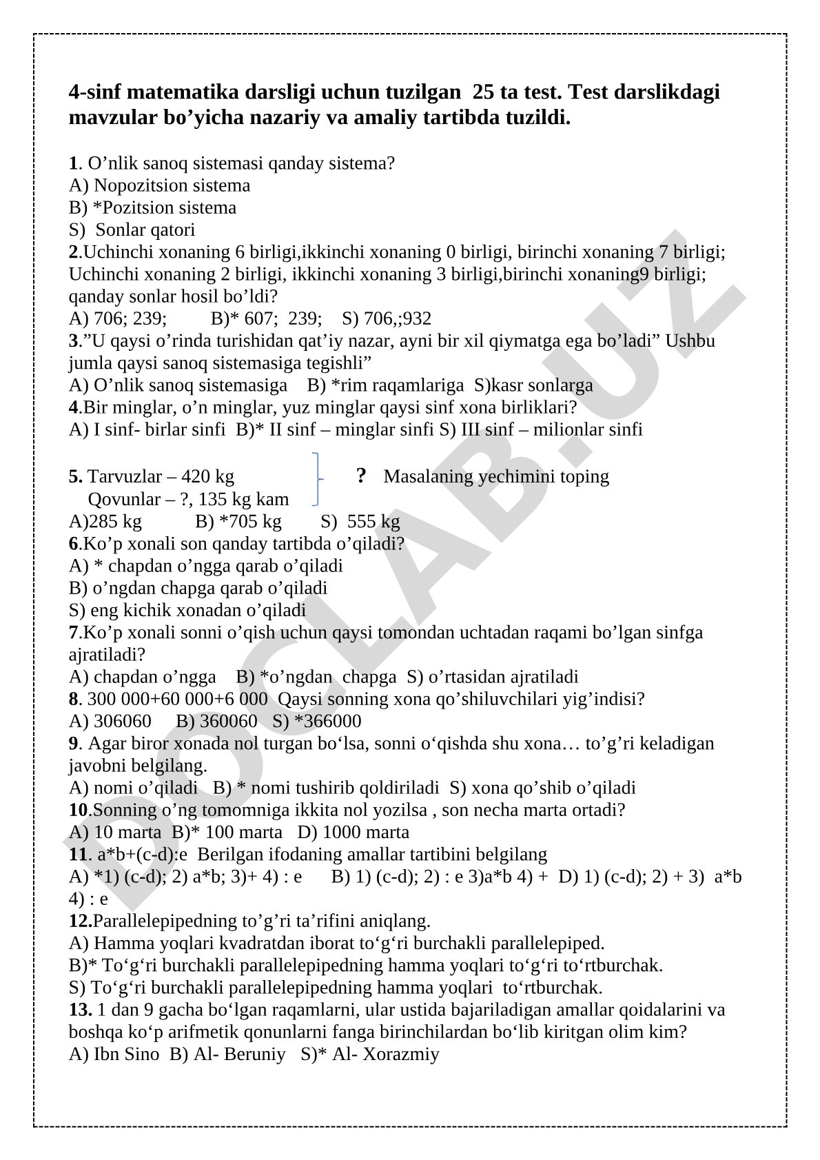 4-sinf matematika darsligi uchun 25 ta test