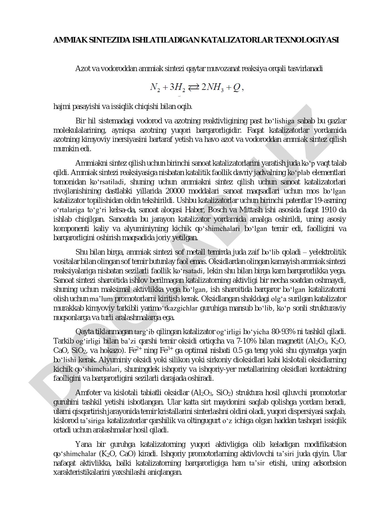 Ammiak sintezida ishlatiladigan katalizatorlar texnologiyasi