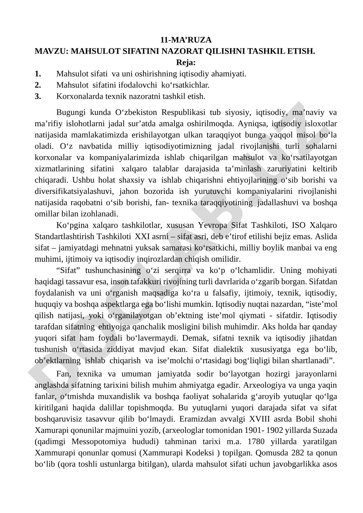 Mahsulot sifatini nazorat qilishni tashkil etish