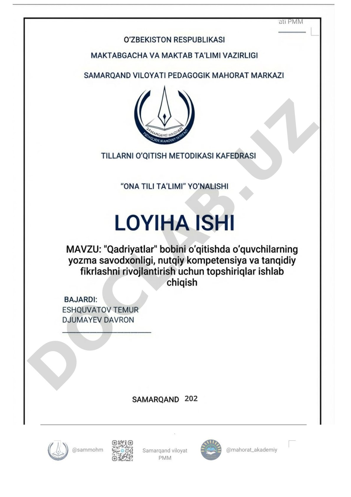 Qadriyatlar bobini o'qitishda yozma savodxonlik, nutqiy kompetensiya va tanqidiy fikrlashni rivojlantirish topshiriqlari