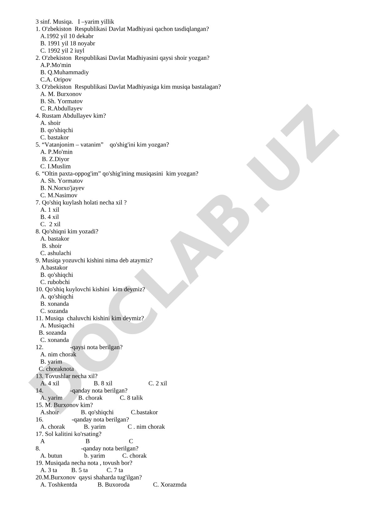 3-sinf Musiqa I yarim yillik test savollari