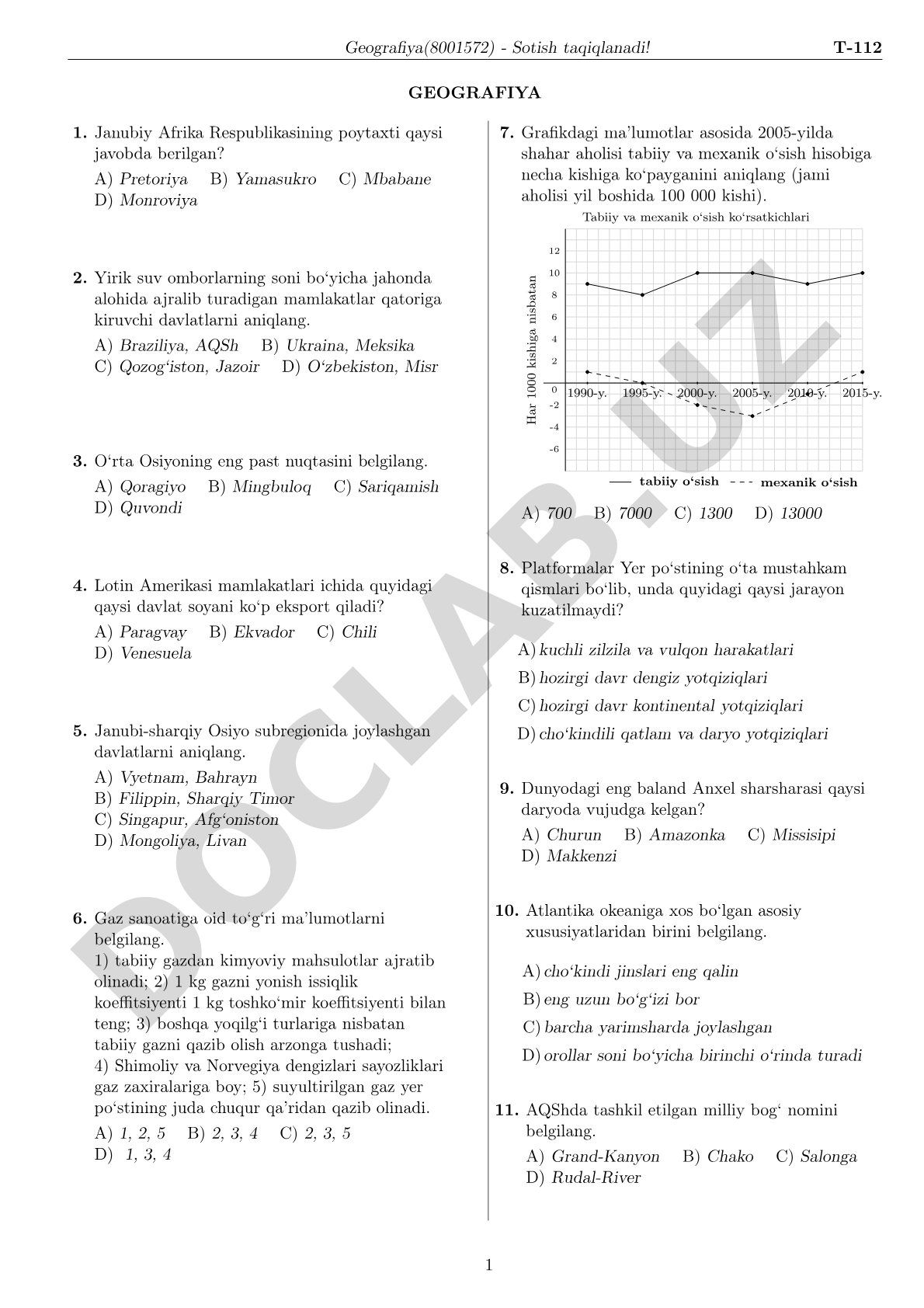 Geografiya test savollari