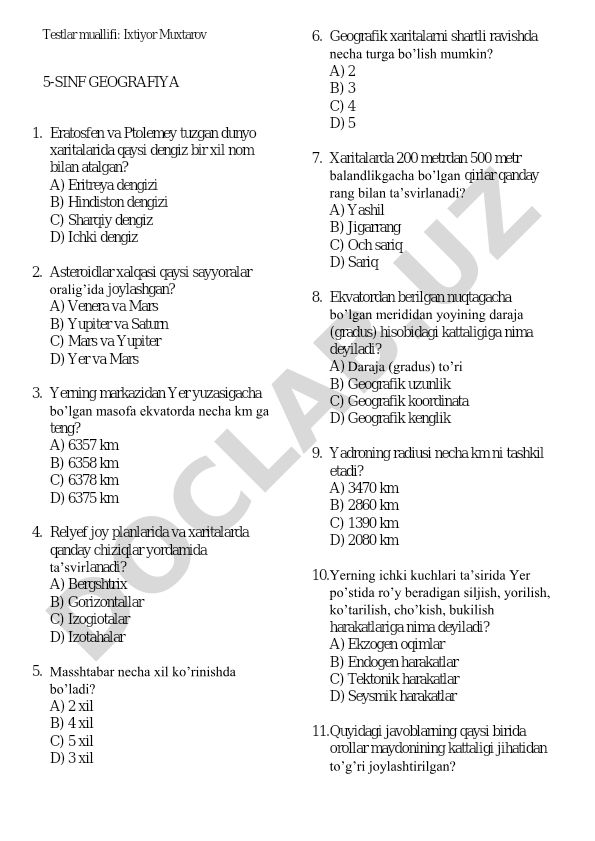 5-sinf geografiya fanidan test savollari