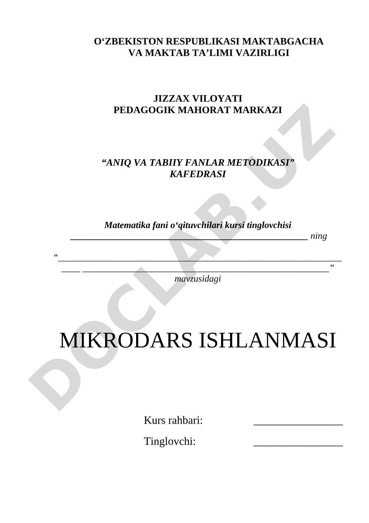 Matematika fanidan mikrodars ishlanmasi