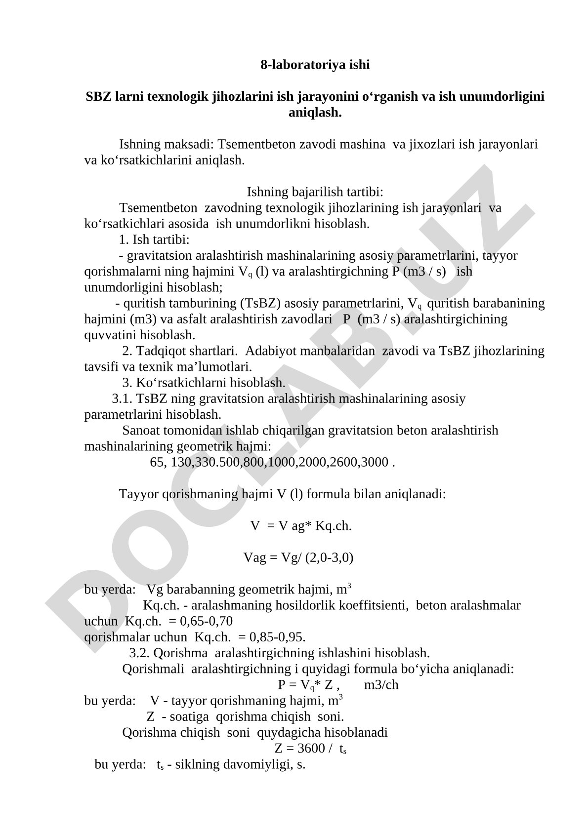 SBZ larni texnologik jihozlarini ish jarayonini oʻrganish va ish unumdorligini aniqlash