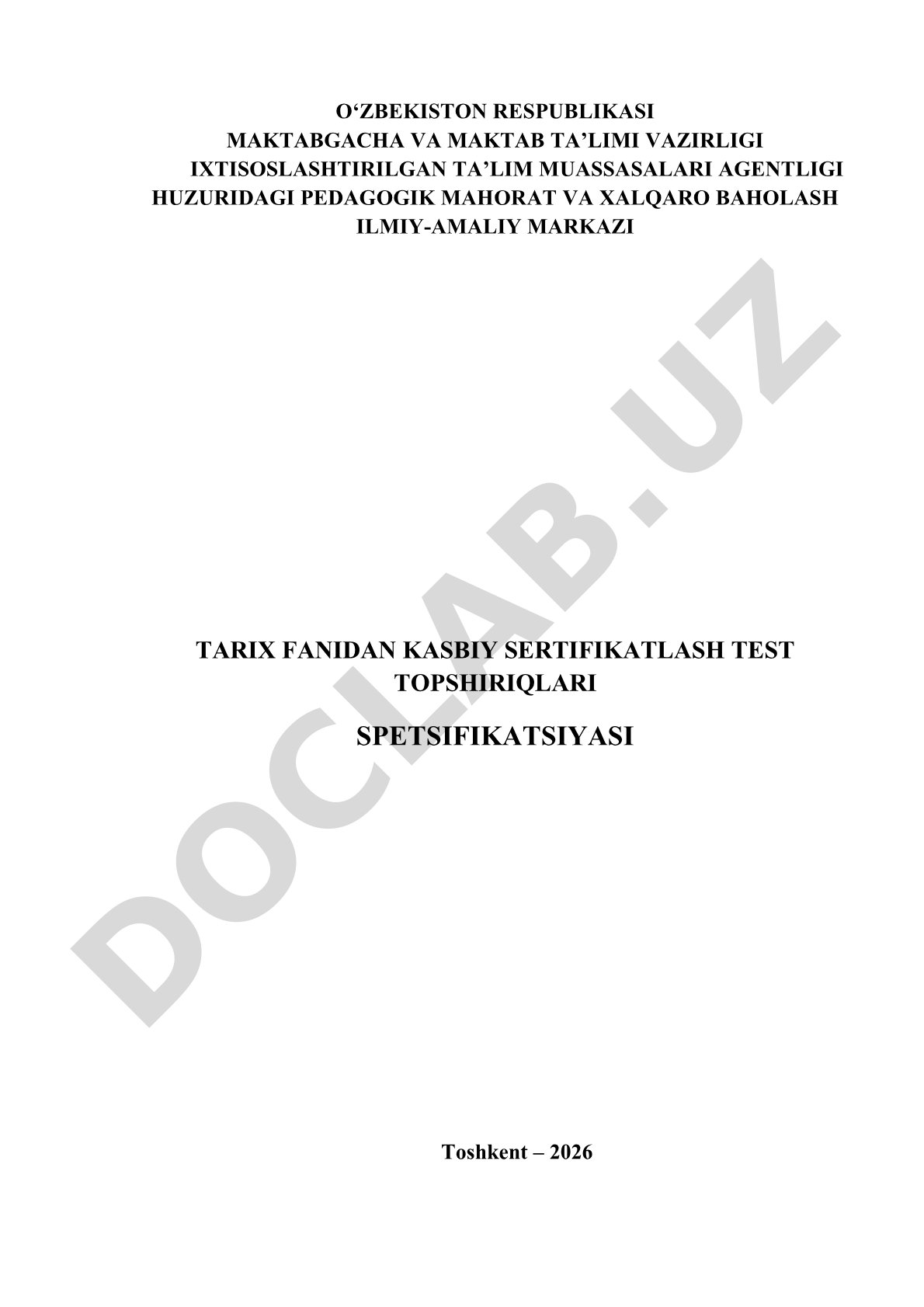 Tarix fanidan kasbiy sertifikatlash test spetsifikatsiyasi