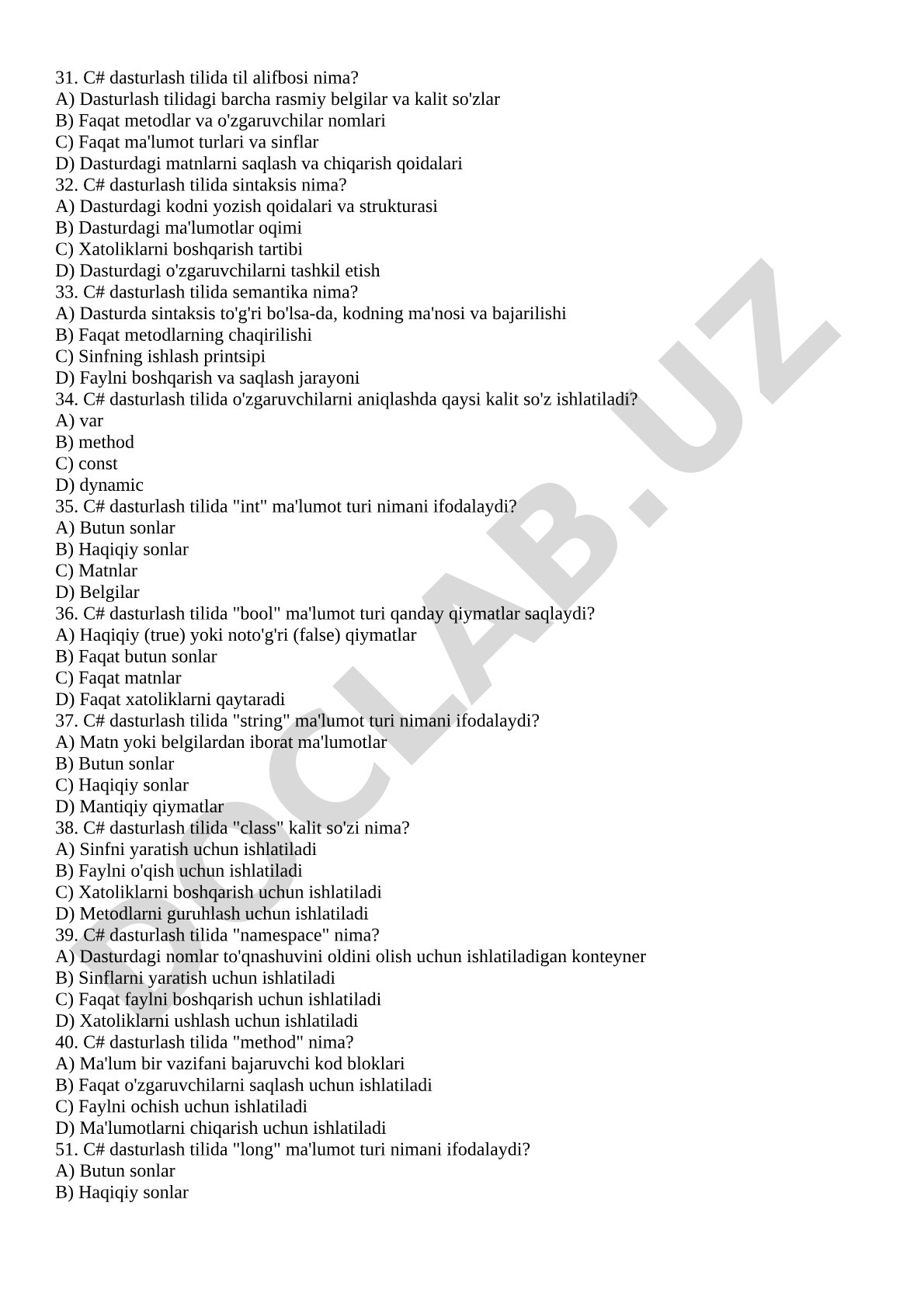 C# dasturlash tili bo'yicha test savollari