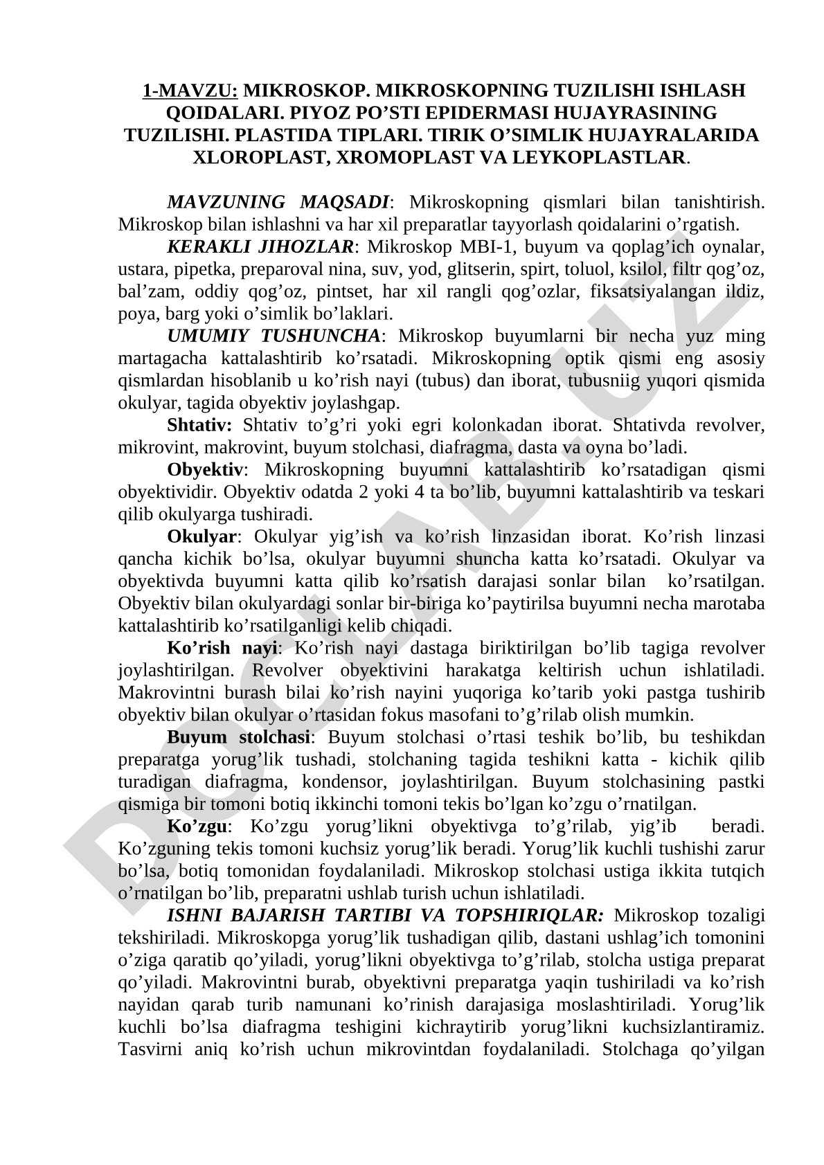 Mikroskopning tuzilishi, ishlash qoidalari, piyoz po'sti epidermasi hujayrasi tuzilishi va plastida tiplari