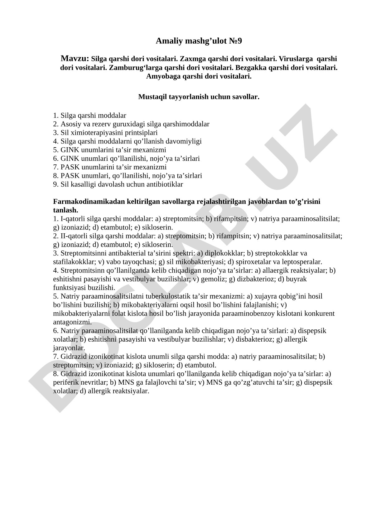 Silga qarshi dori vositalari. Zaxmga qarshi dori vositalari. Viruslarga qarshi dori vositalari. Zamburug‘larga qarshi dori vositalari. Bezgakka qarshi dori vositalari. Amyobaga qarshi dori vositalari