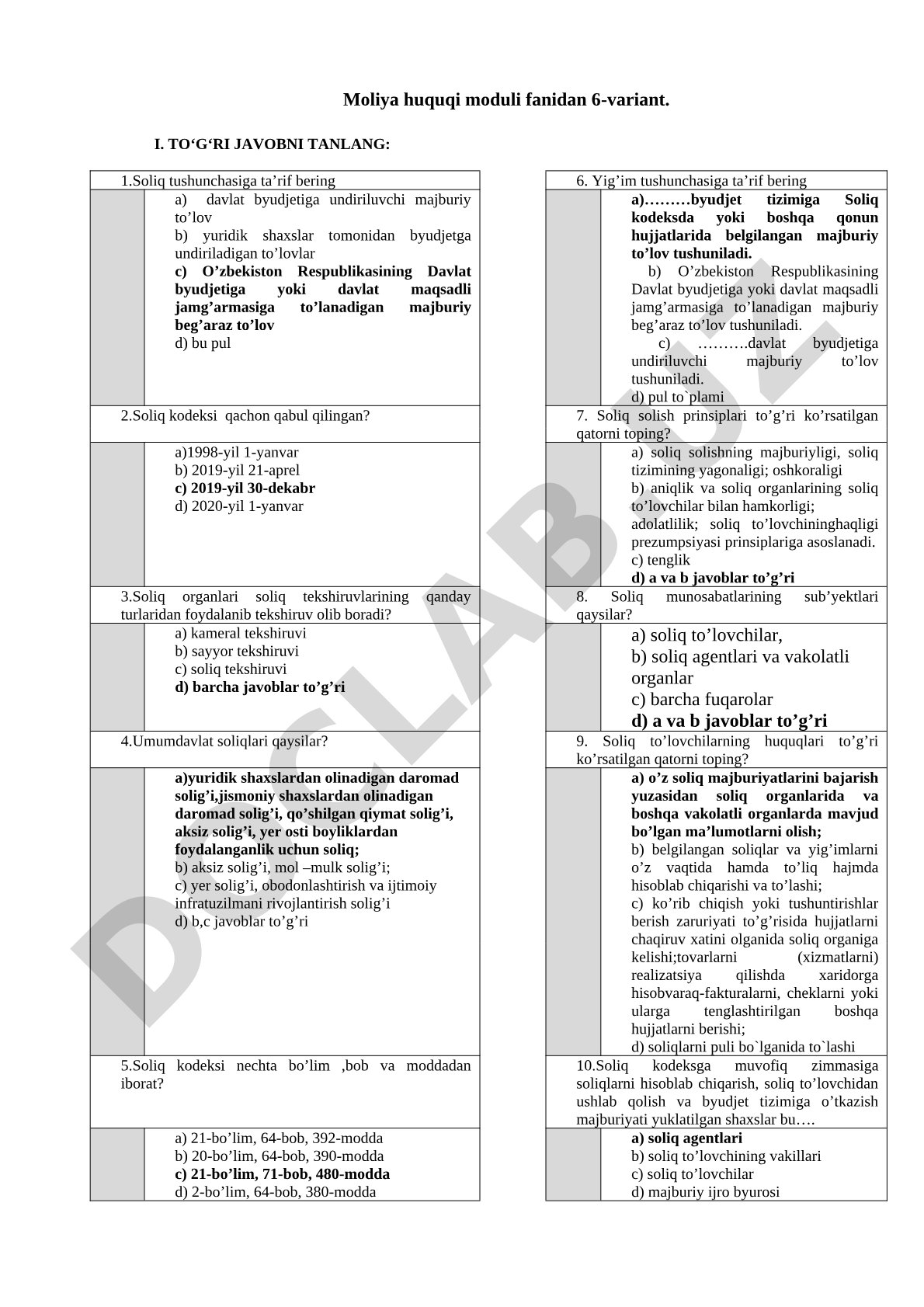 Moliya huquqi moduli fanidan 6-variant