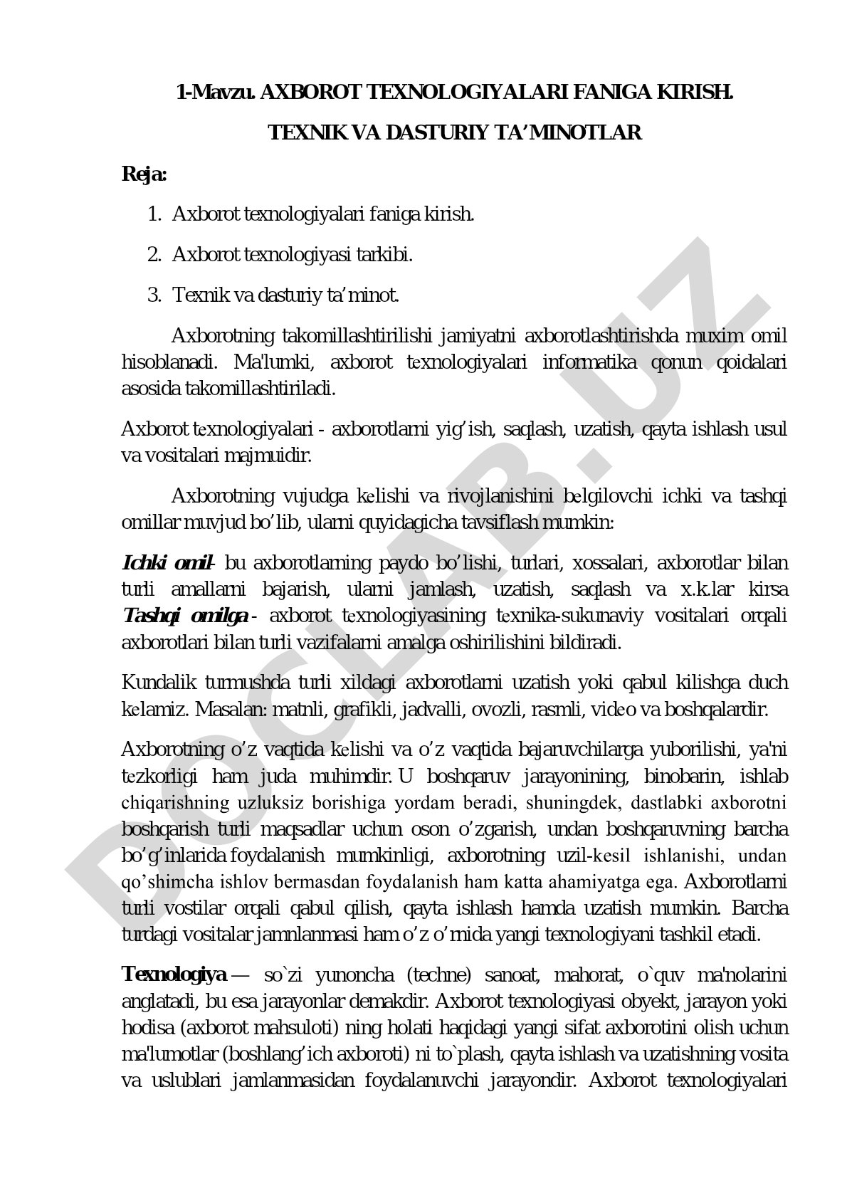 Axborot texnologiyalari faniga kirish. Texnik va dasturiy ta’minotlar