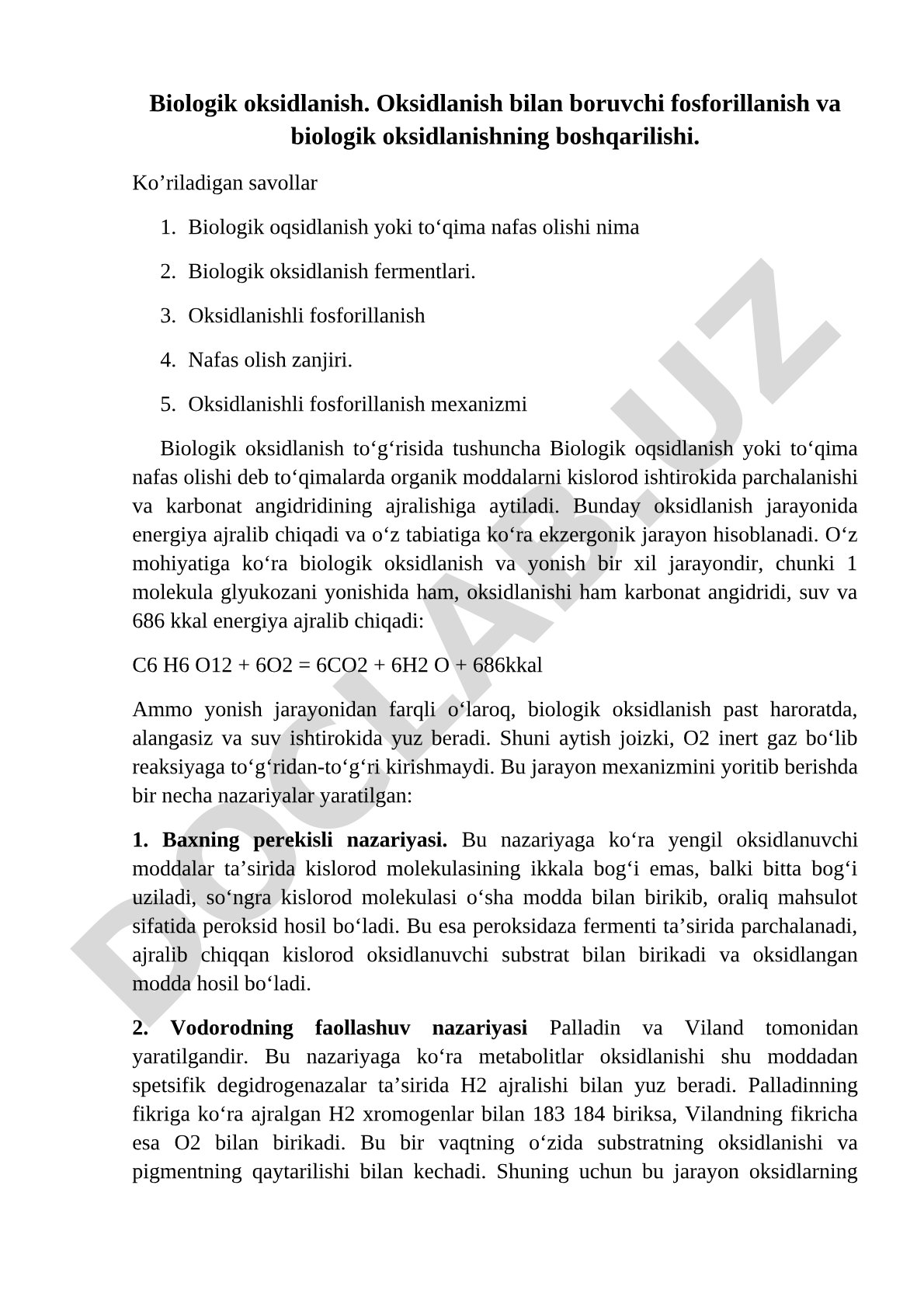 Biologik oksidlanish va oksidlanishli fosforillanish
