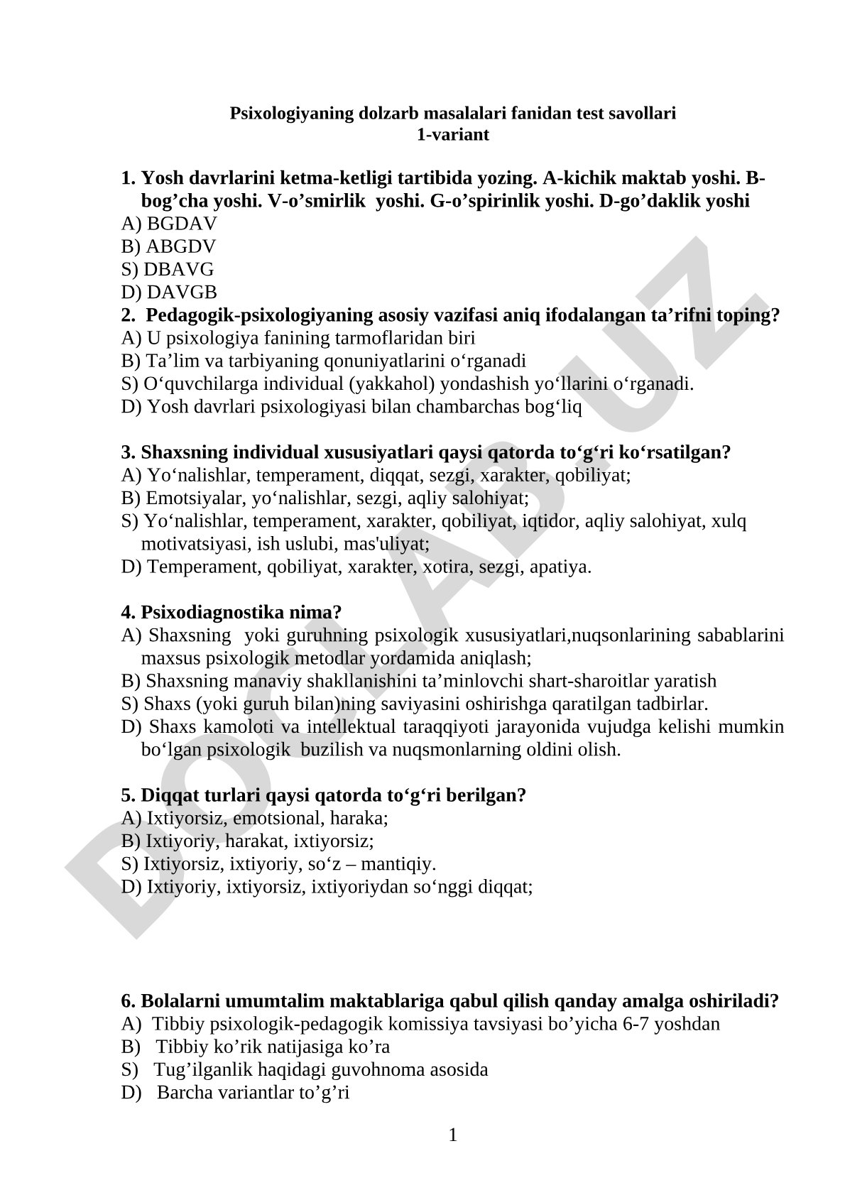 Psixologiyaning dolzarb masalalari fanidan test savollari 1-variant