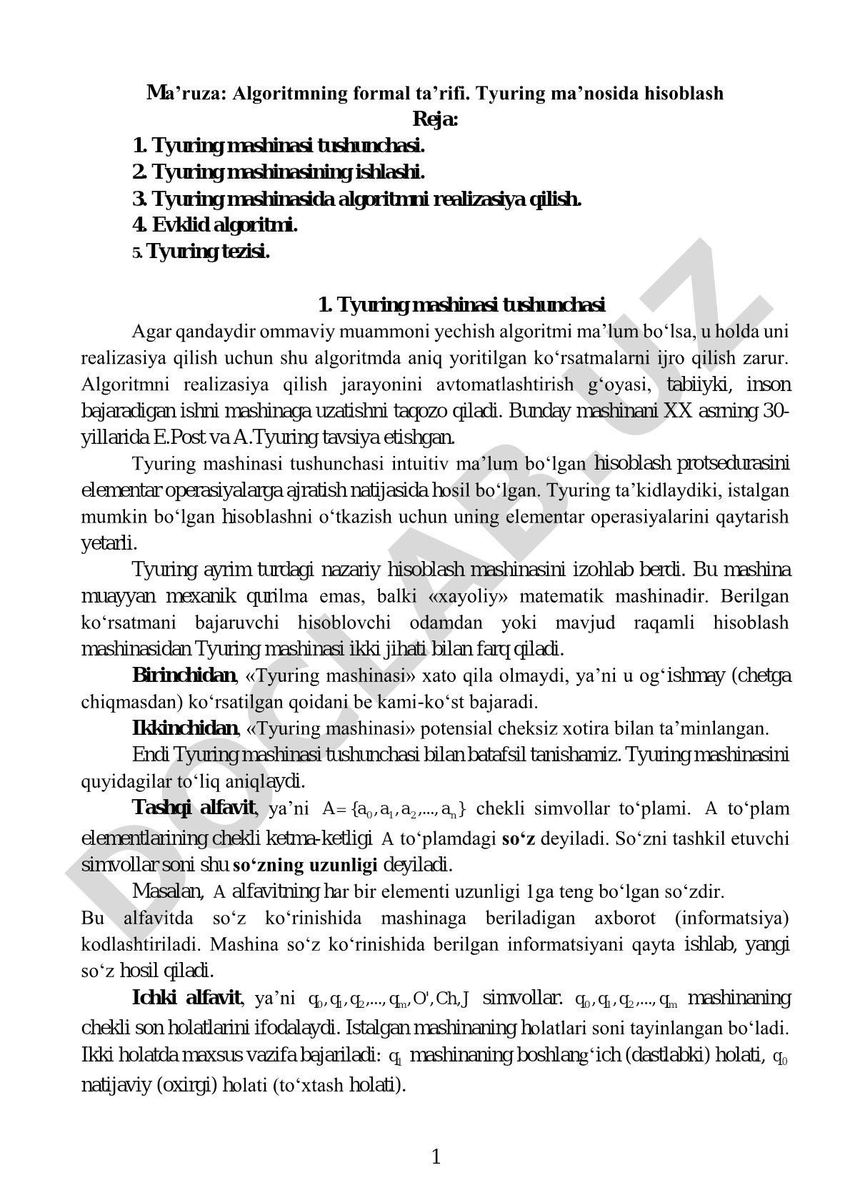 Algoritmning formal ta’rifi va Tyuring mashinasi