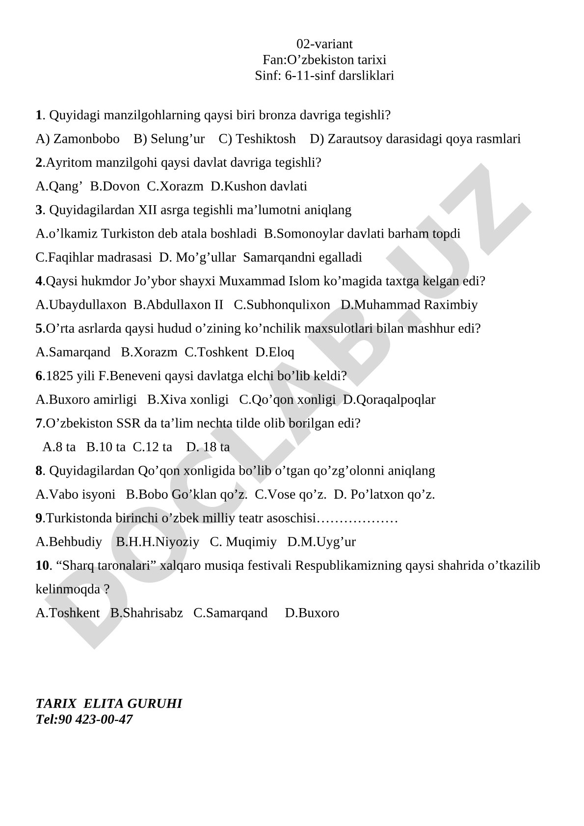 O'zbekiston tarixi 6-11-sinf test savollari