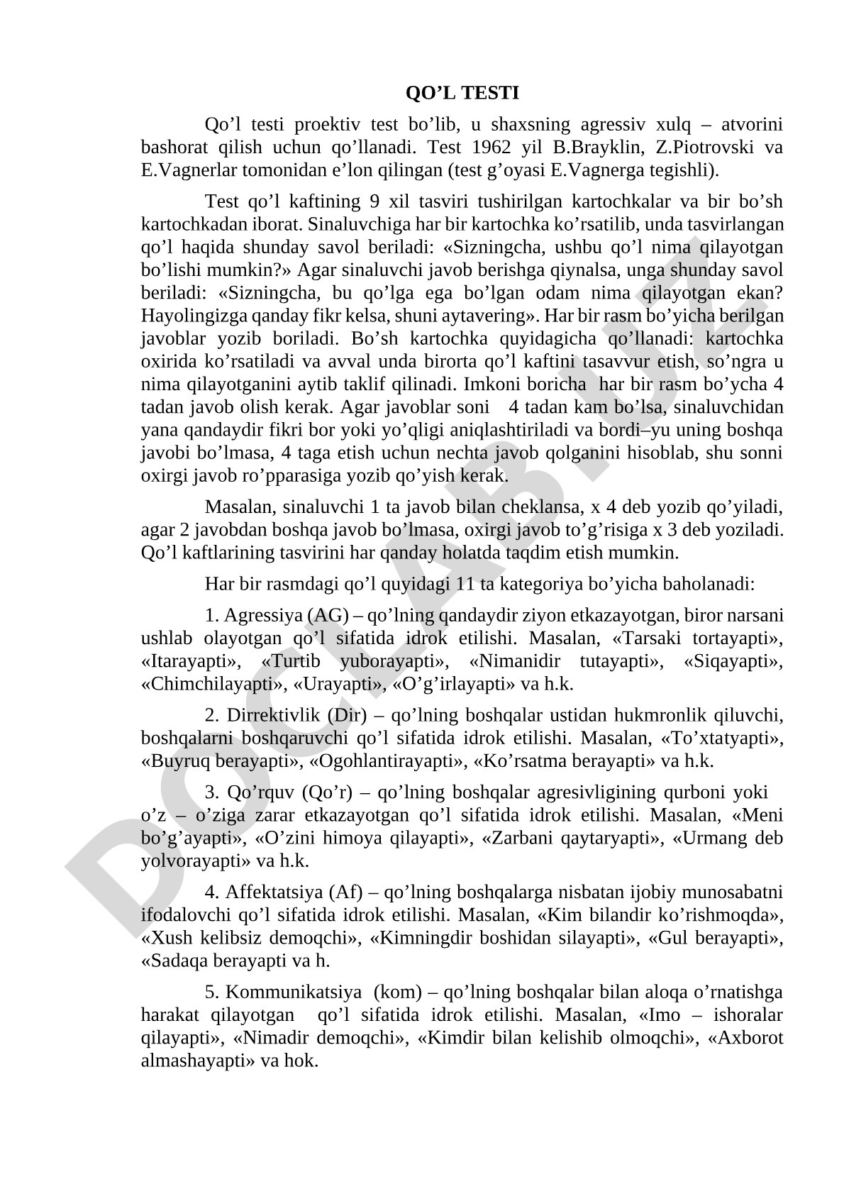 Qo’l testi – agressiv xulq-atvorni bashorat qilish uchun qo’llanadigan proektiv test