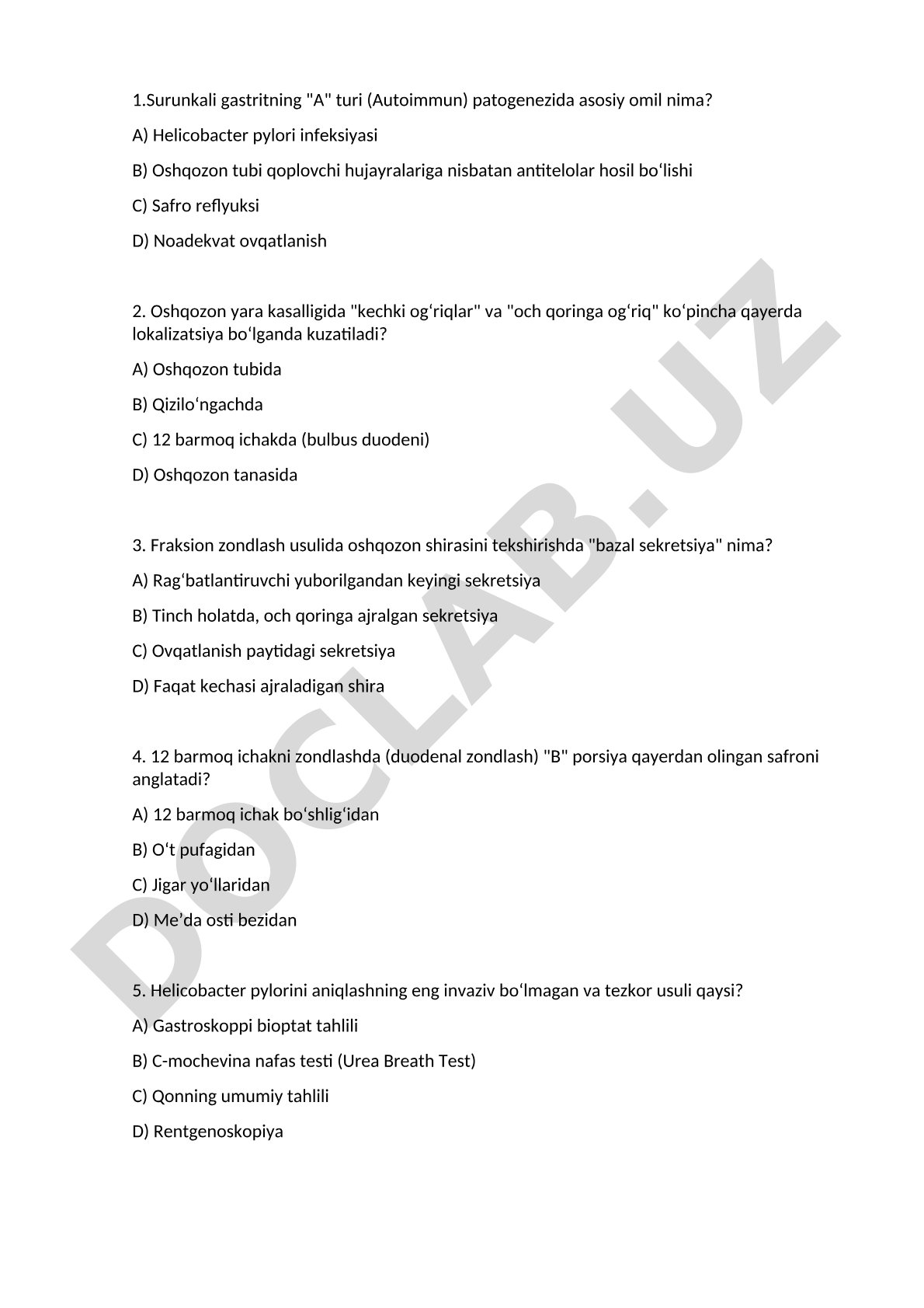 Surunkali gastrit va oshqozon yara kasalligi test savollari