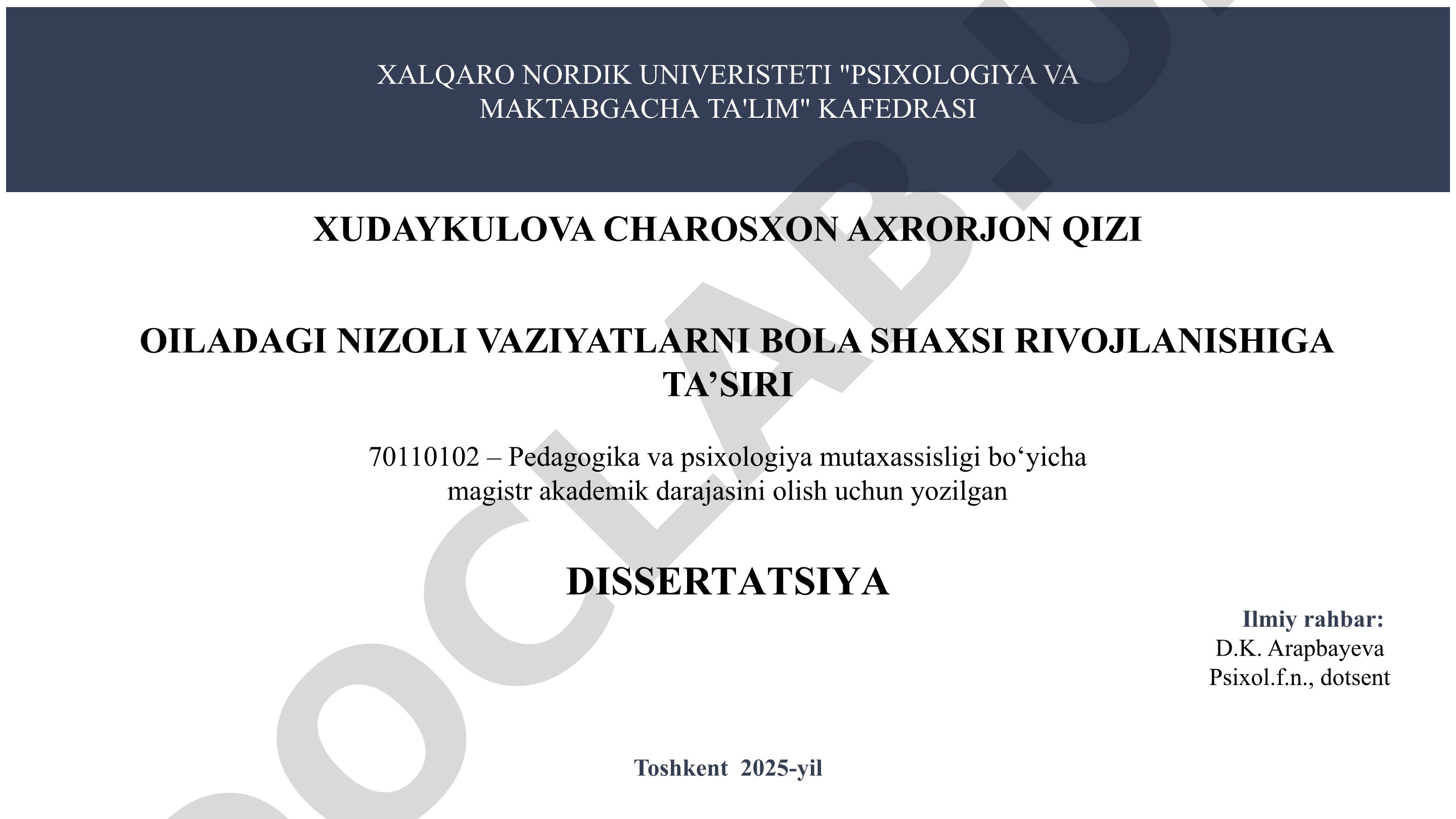 Oiladagi nizoli vaziyatlarni bola shaxsi rivojlanishiga ta’siri