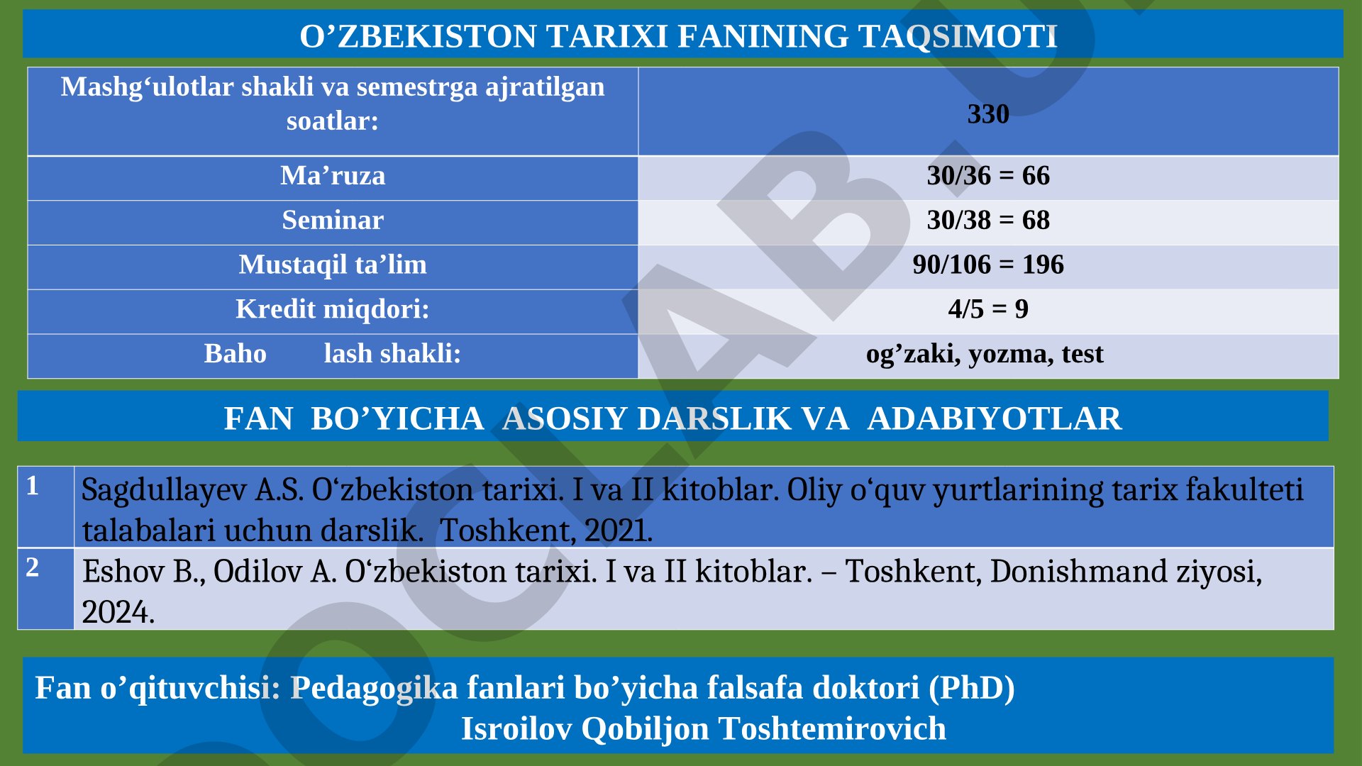 Fan bo‘yicha asosiy darslik va adabiyotlar O‘zbekiston tarixi fanining taqsimoti