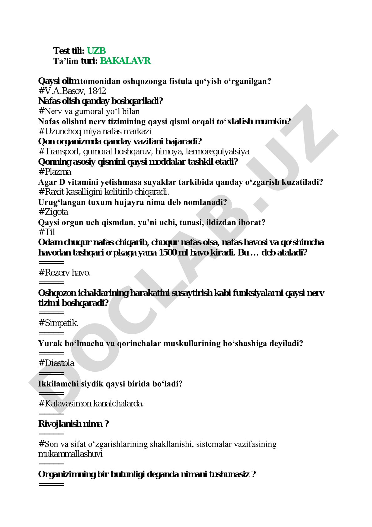 Odam fiziologiyasi test savollari