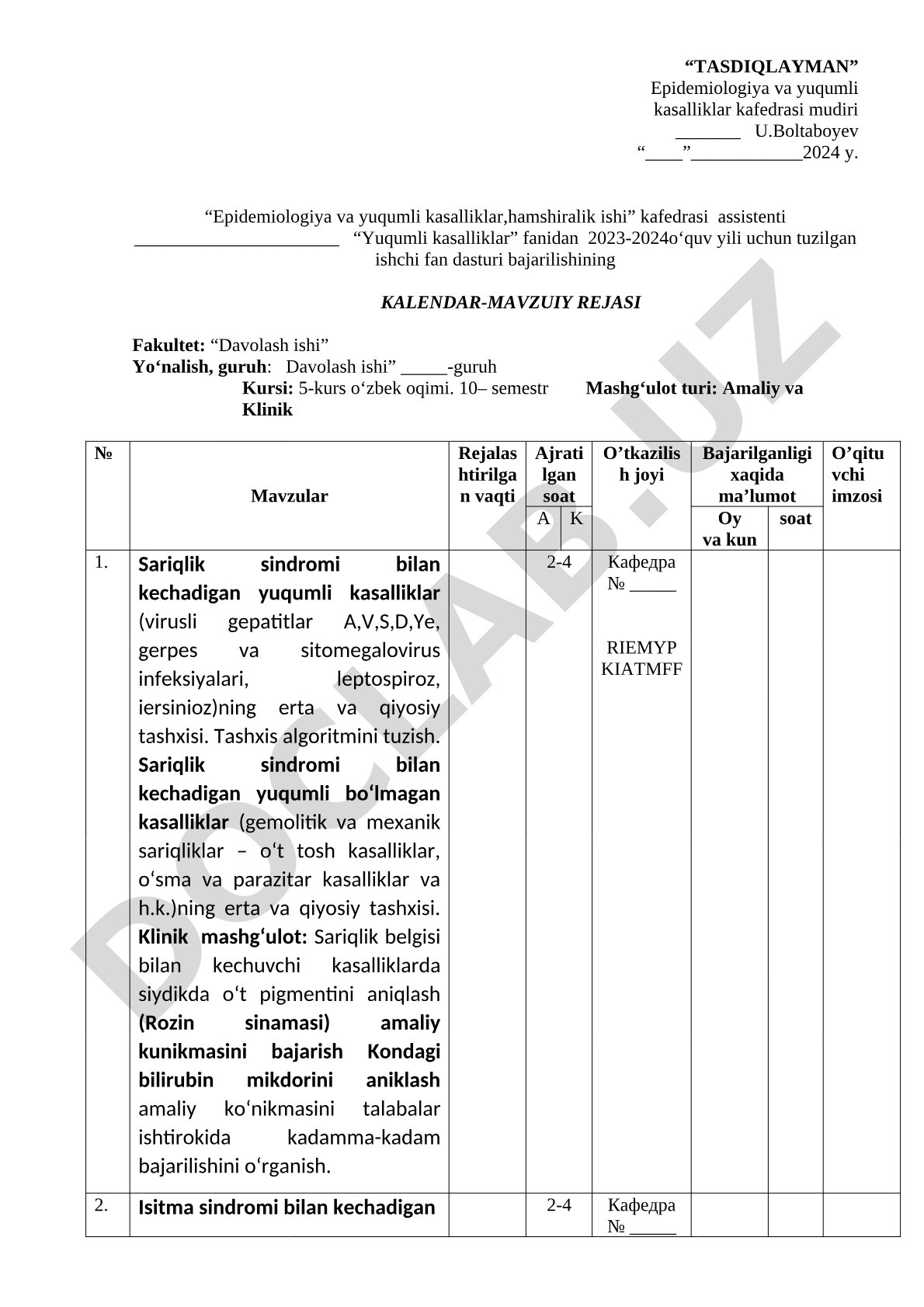 Yuqumli kasalliklar fanidan 2023-2024 o'quv yili uchun kalendar-mavzuiy reja
