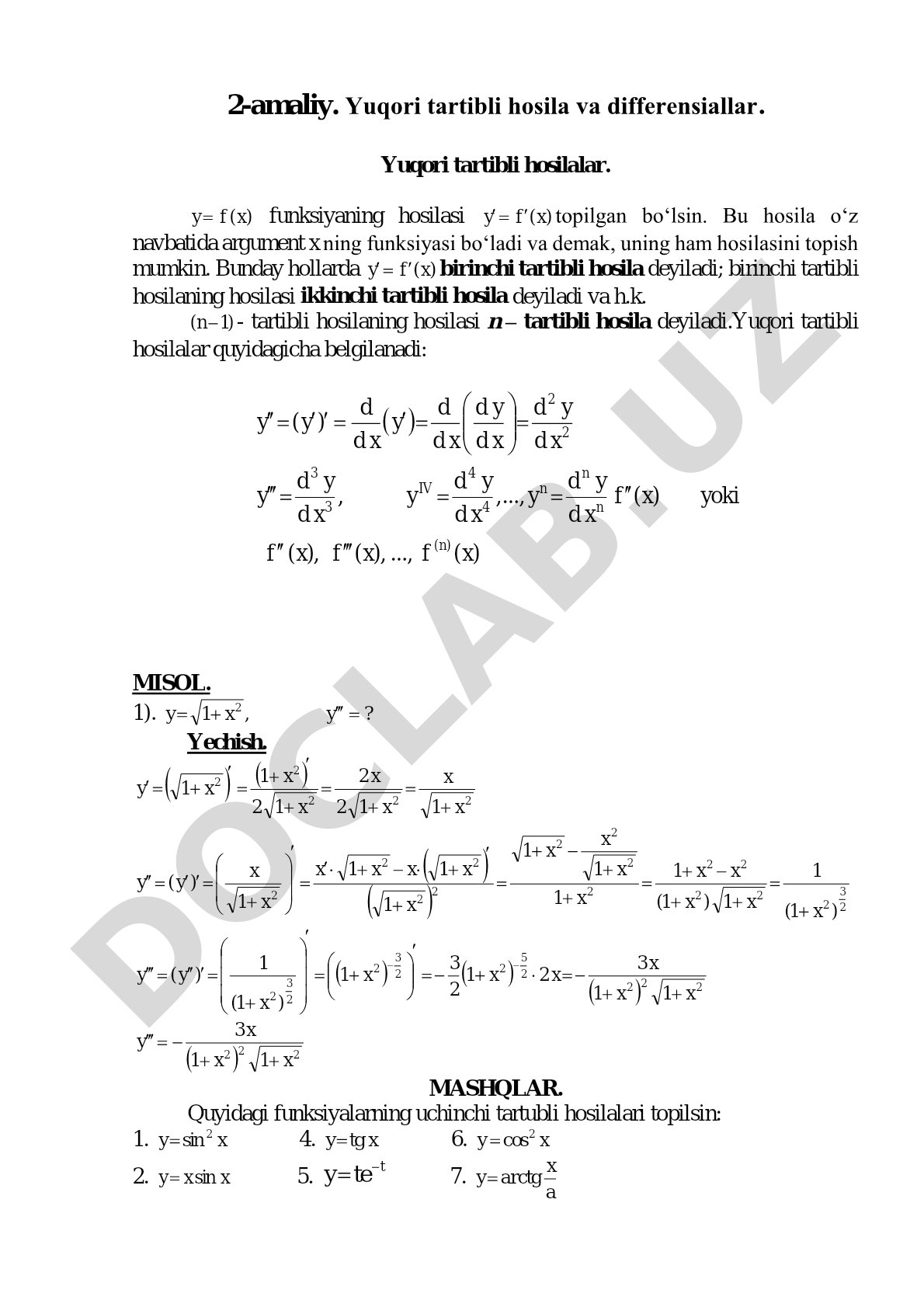 Yuqori tartibli hosilalar va differensiallar