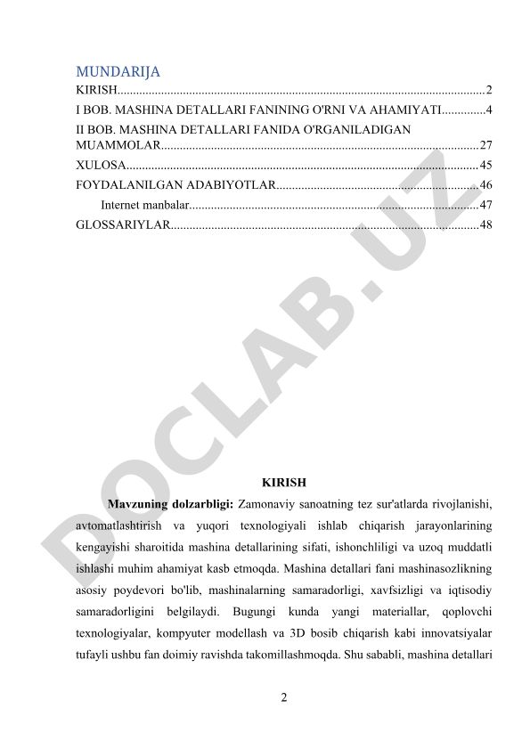 Mashina detallari fanining o'rni, ahamiyati va o'rganiladigan muammolar