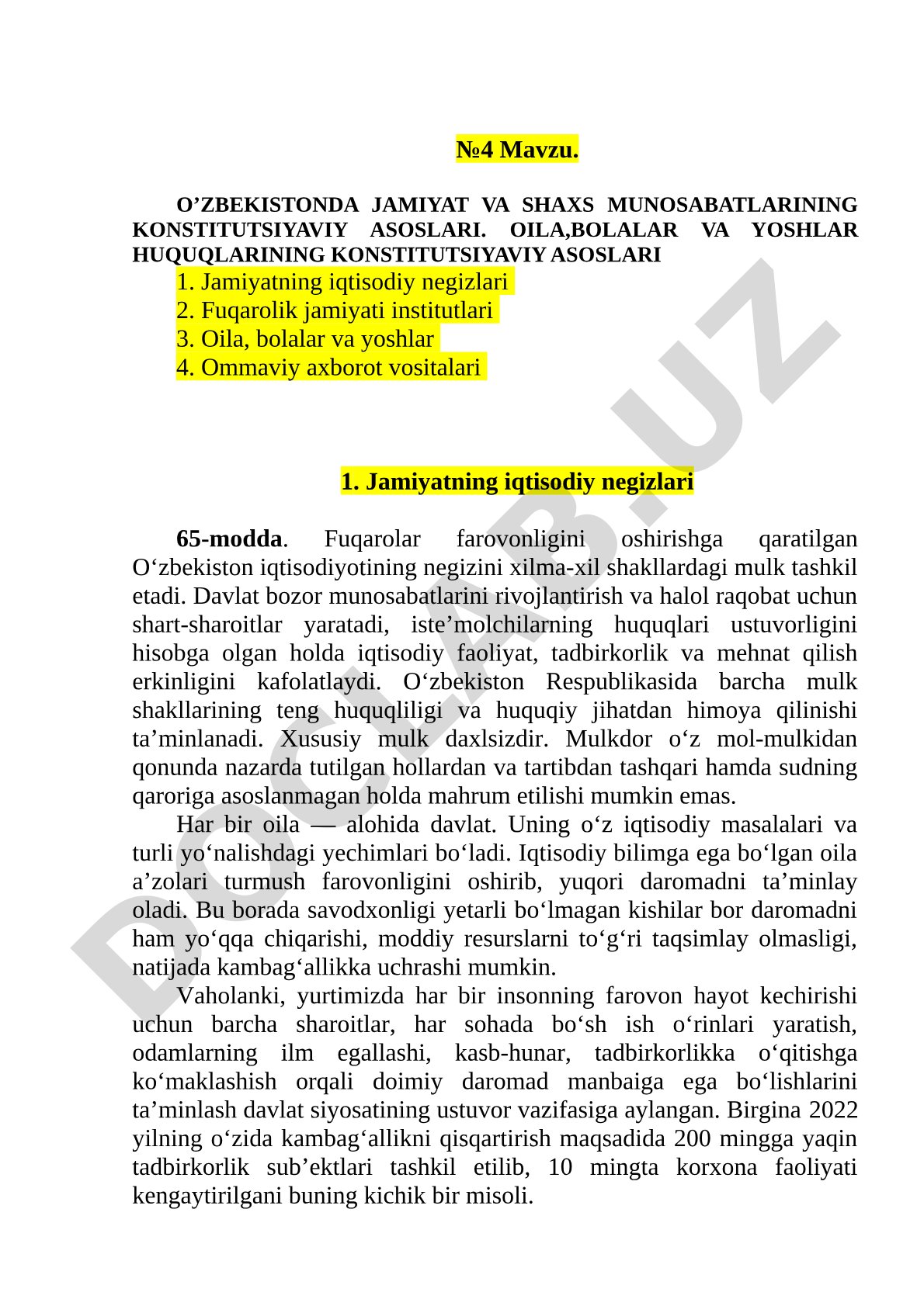 O‘zbekistonda jamiyat va shaxs munosabatlarining konstitutsiyaviy asoslari. Oila, bolalar va yoshlar huquqlarining konstitutsiyaviy asoslari