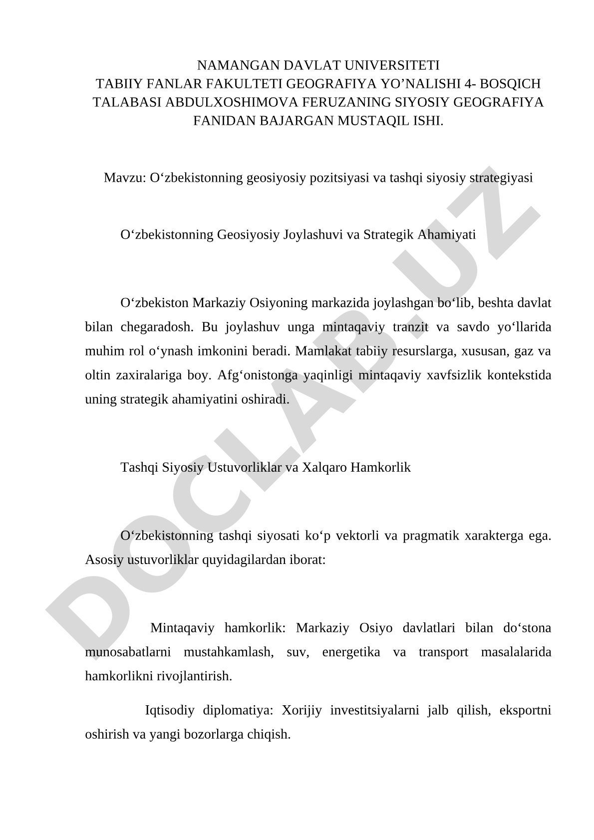 O‘zbekistonning geosiyosiy pozitsiyasi va tashqi siyosiy strategiyasi