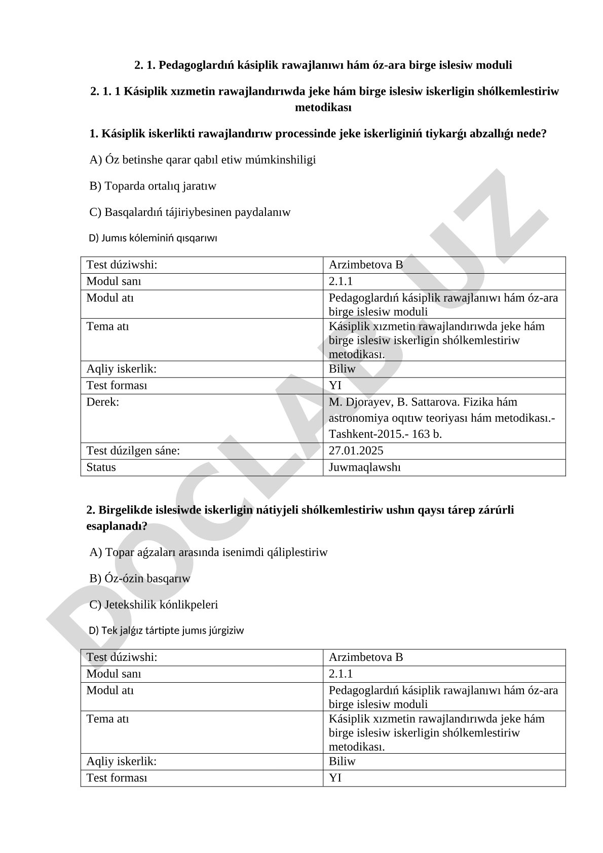 Kásiplik xızmetin rawajlandırıwda jeke hám birge islesiw iskerligin shólkemlestiriw metodikası