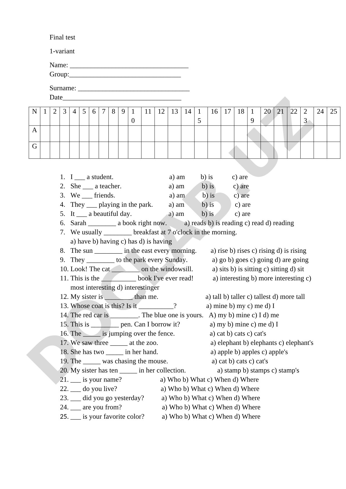 Final English grammar test: multiple-choice questions on verbs, comparatives, and
