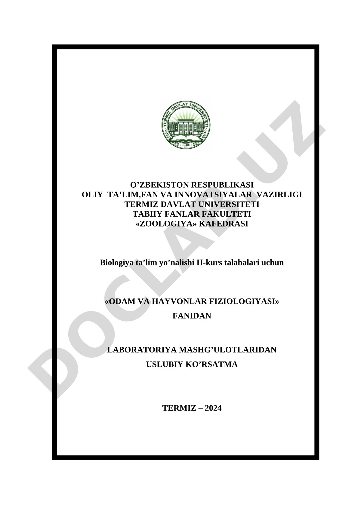 Odam va hayvonlar fiziologiyasi fanidan laboratoriya mashg'ulotlaridan uslubiy ko'rsatma