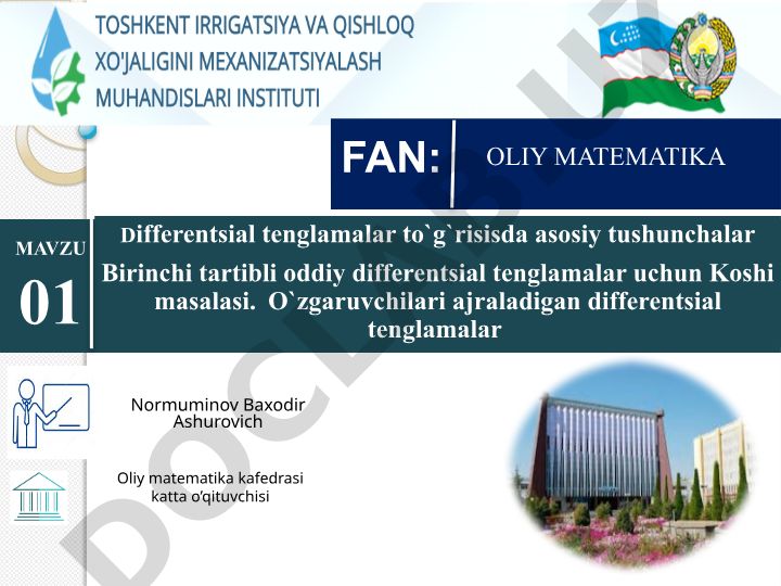 Differentsial tenglamalar to'g'risida asosiy tushunchalar va Koshi masalasi