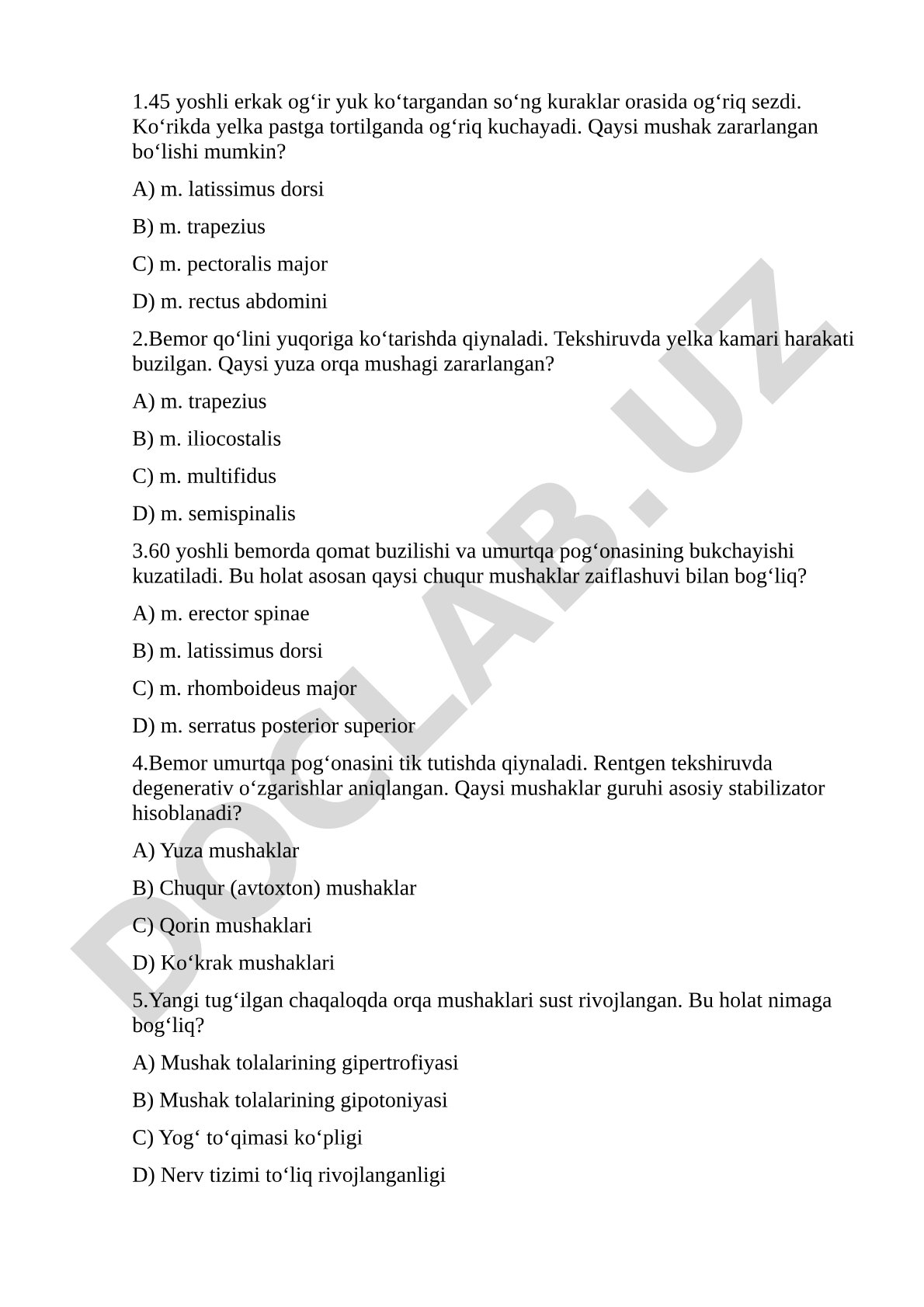 Orqa mushaklari zararlanishi testlari