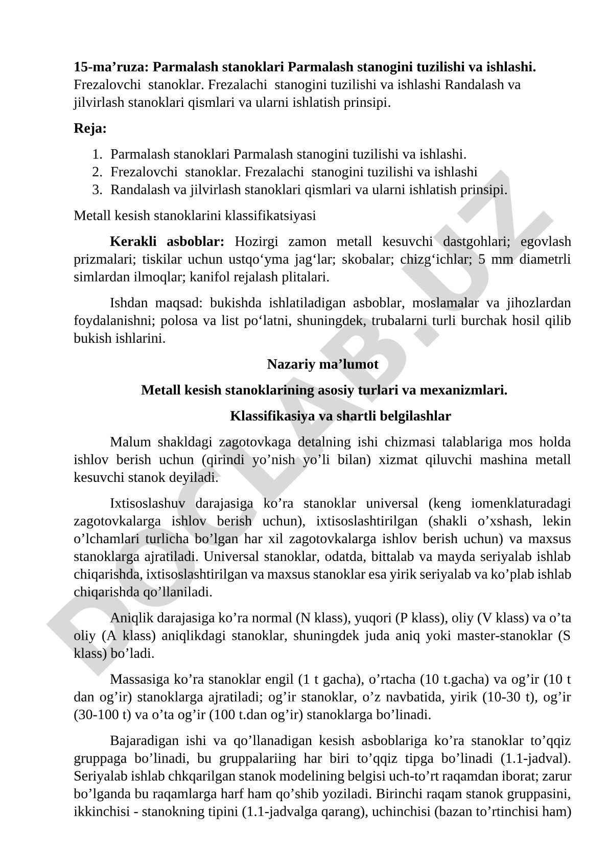 Metall kesuvchi stanoklar turlari va ularning ishlashi
