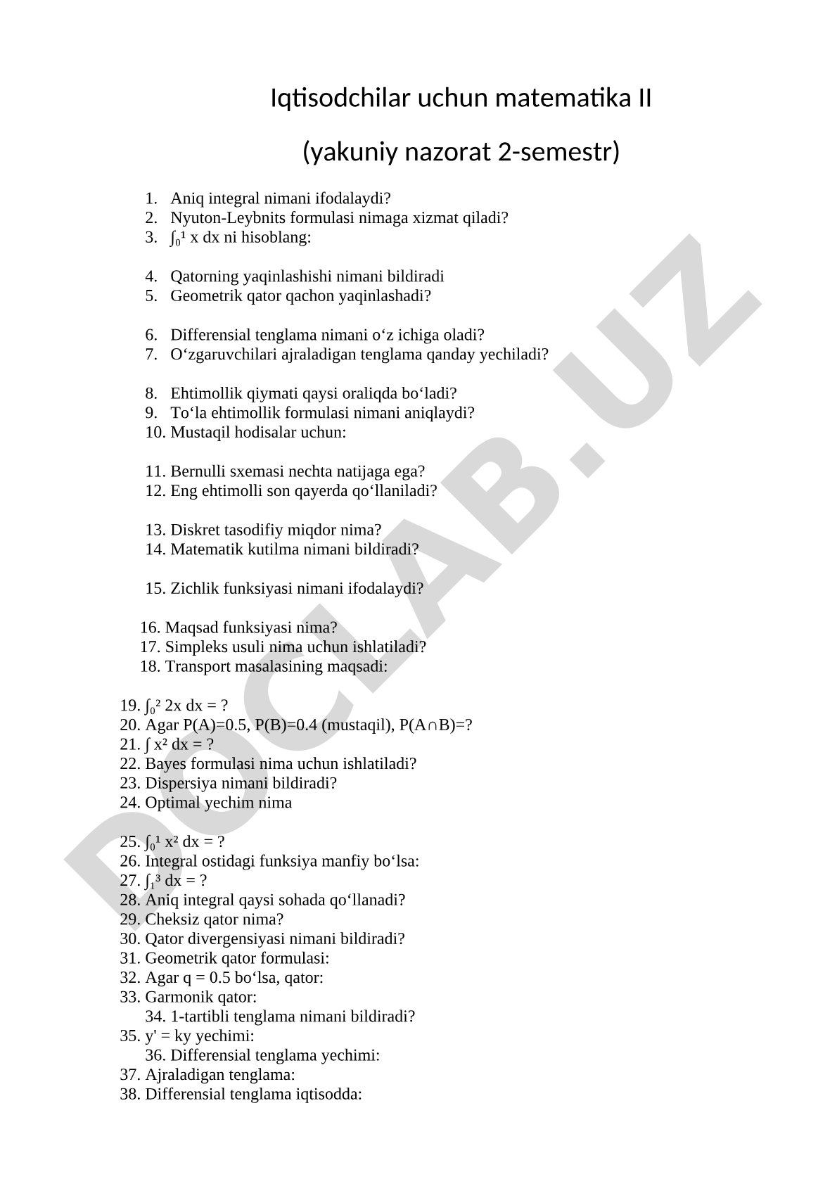 Iqtisodchilar uchun matematika II (yakuniy nazorat 2-semestr)