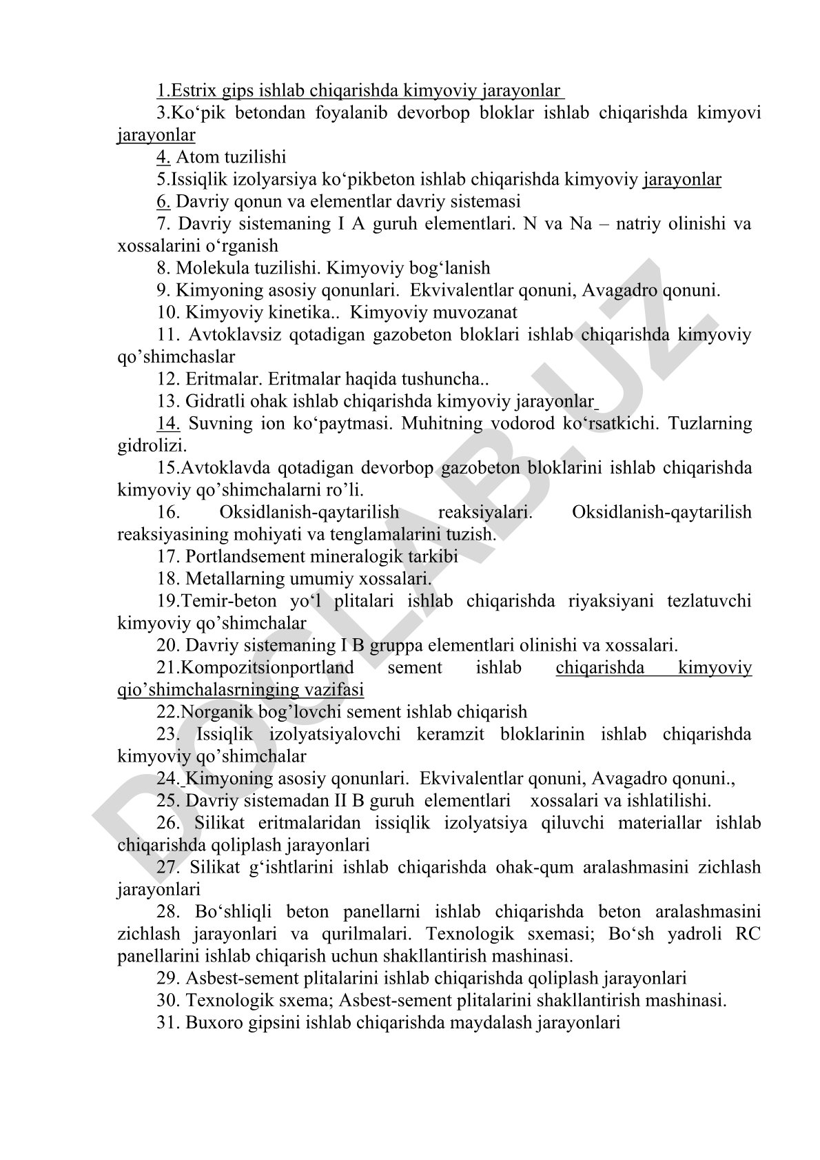 Qurilish materiallari ishlab chiqarishda kimyoviy jarayonlar va asosiy kimyoviy tushunchalar