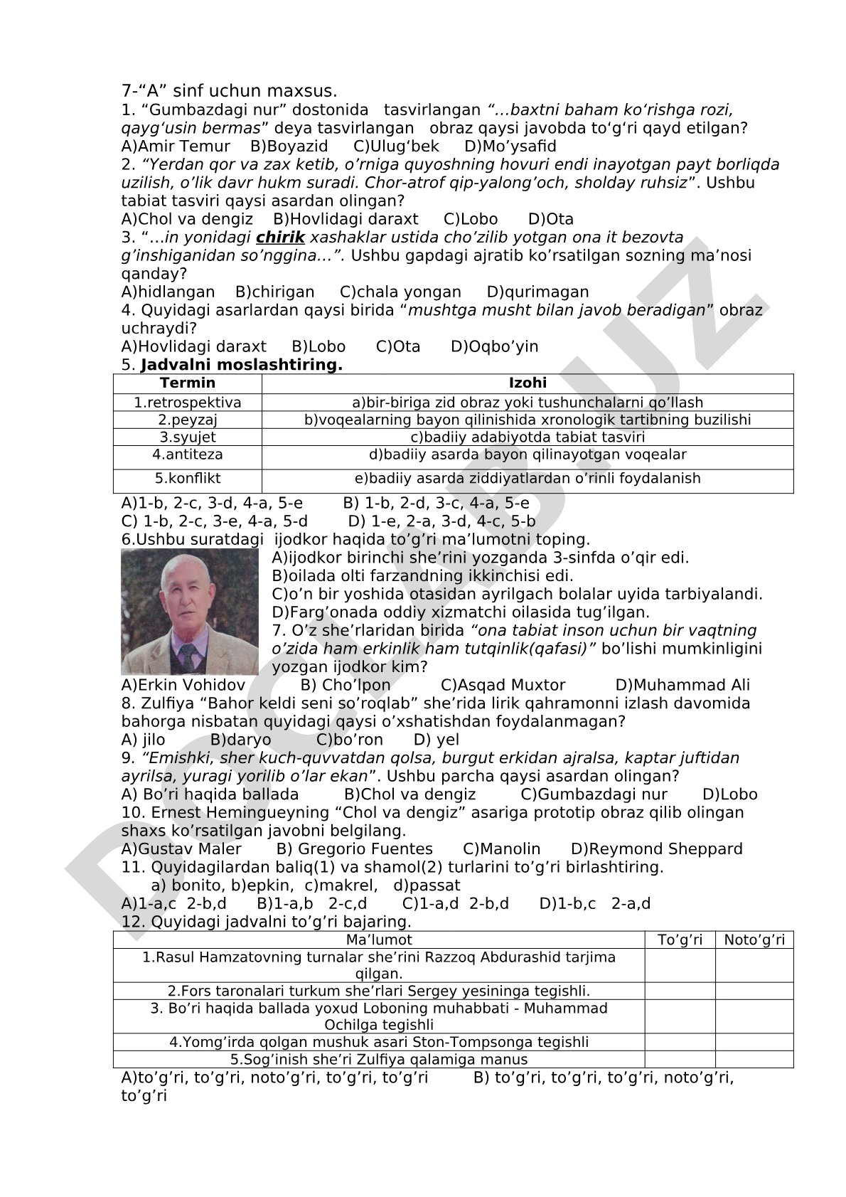 7-sinf adabiyot fanidan test savollari
