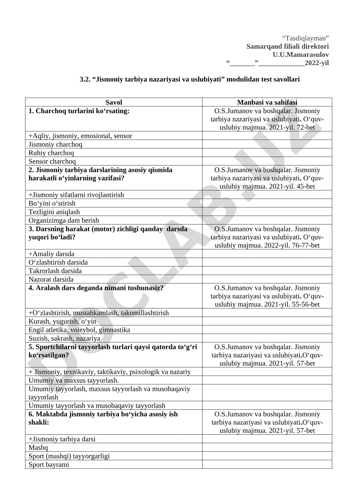 Jismoniy tarbiya nazariyasi va uslubiyati modulidan test savollari