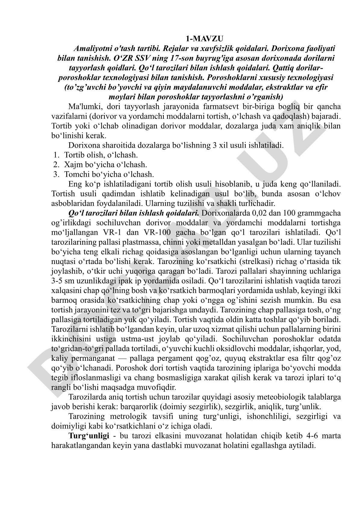 1-MAVZU Amaliyotni o'tash tartibi