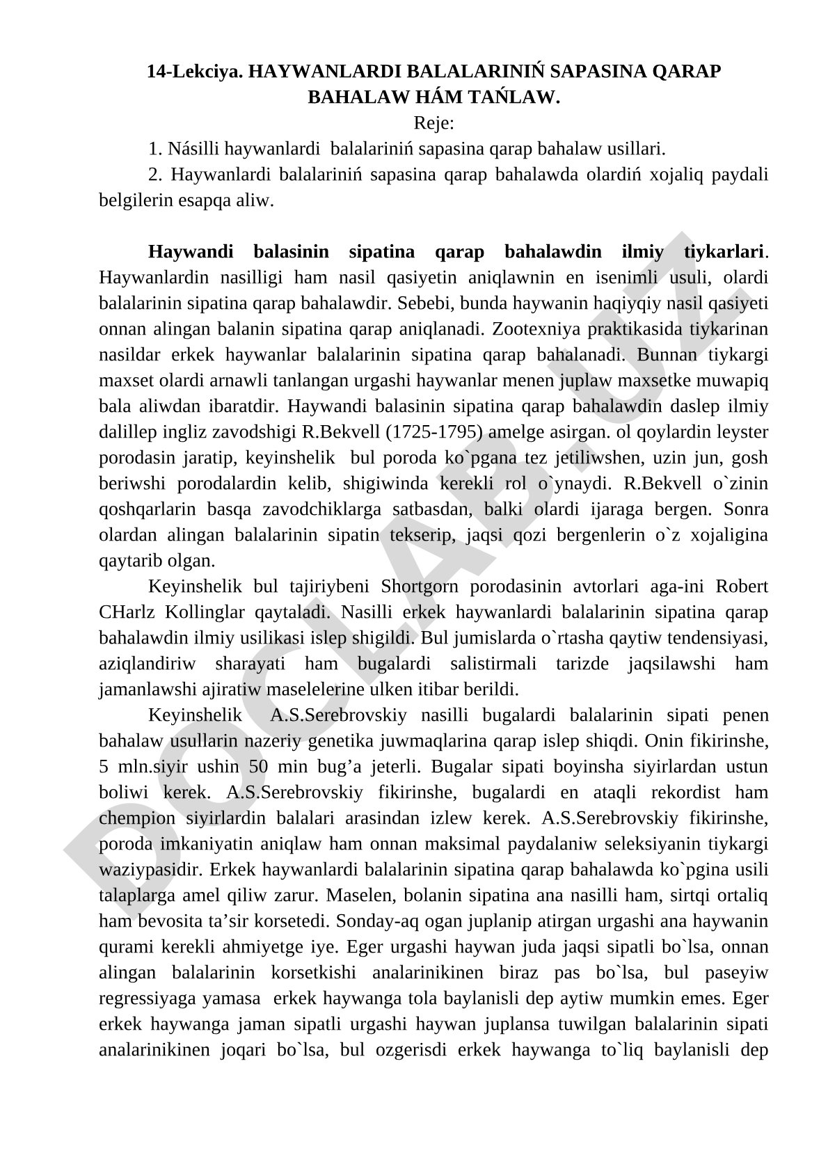 Haywanlardi balalariniń sapasina qarap bahalaw hám tańlaw